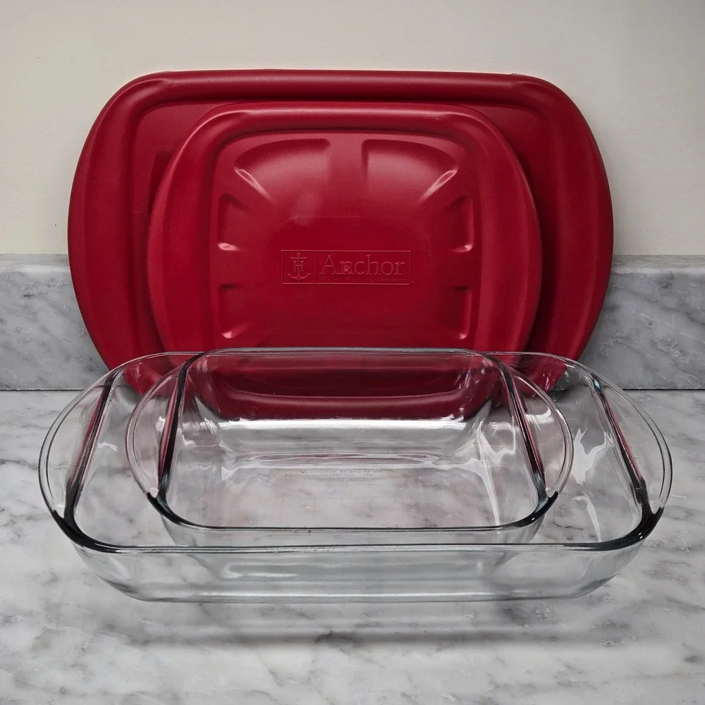Anchor Hocking Glass‎ Bakeware Set 2 Piece Rectangular Baking Dishes w/ Red Lids